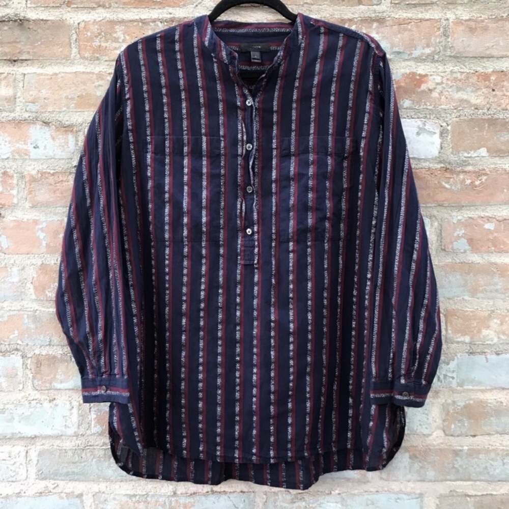 J. Crew Top Navy Metallic Stripe Popover Tunic 1/2 Button Shirt Long Sleeve - Picture 2 of 8